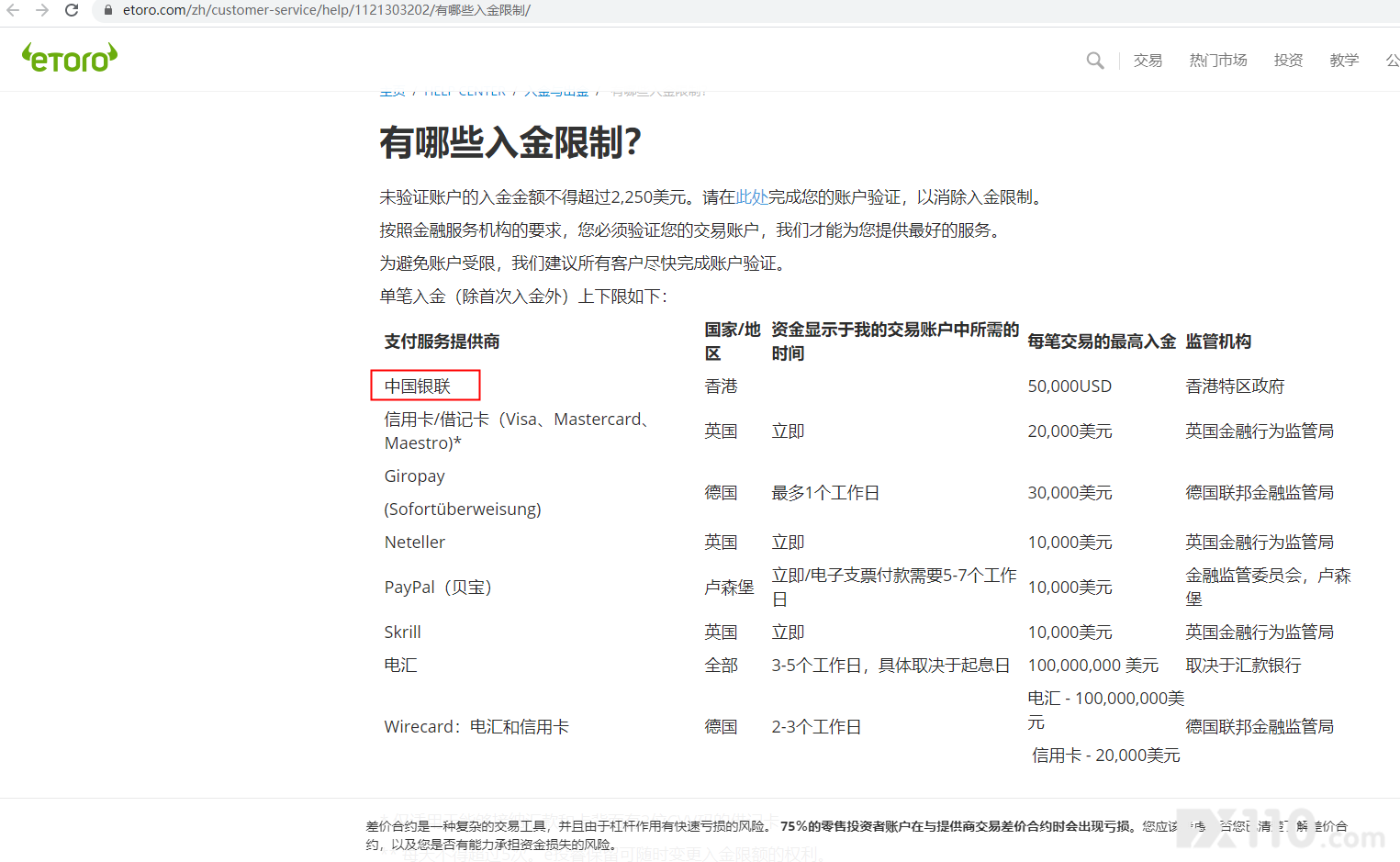 重要通知：8月1日起，eToro不再接受中国银联入金！