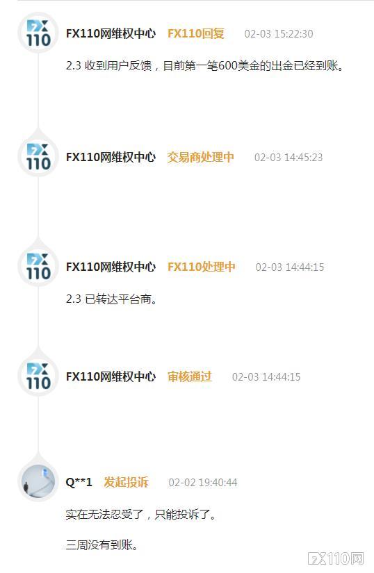 福汇FXCM超三周无法出金，FX110出马助汇友出得一半资金！