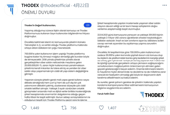土耳其加密交易所Thodex被指诈骗20亿美元，创始人疑似跑路！
