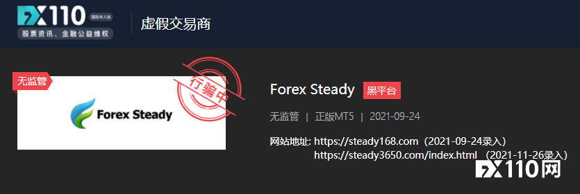 Forex Steady换网址行骗！金融委员会及FX110将其列入警告名单