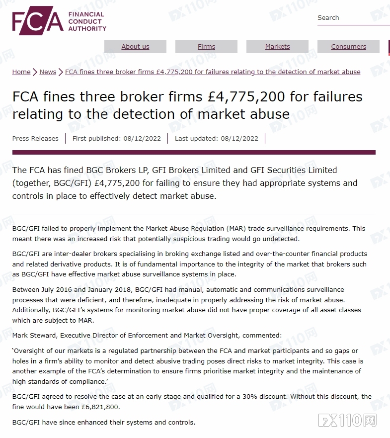 英国FCA对BGC/GFI处以477万英镑的市场滥用控制罚款