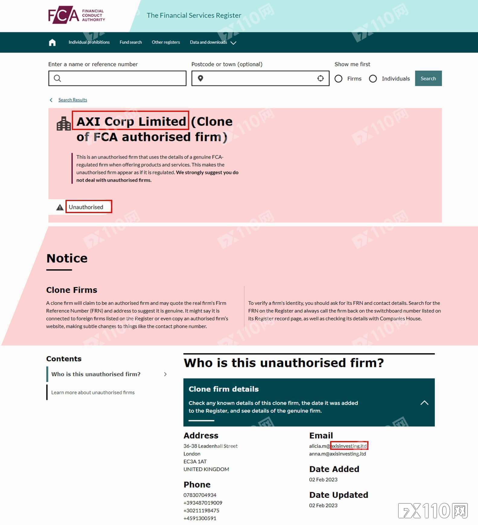 AXI Corp是詐騙嗎? 英國FCA發出警告！FX110已列虛假交易商_外匯專題_FX110網