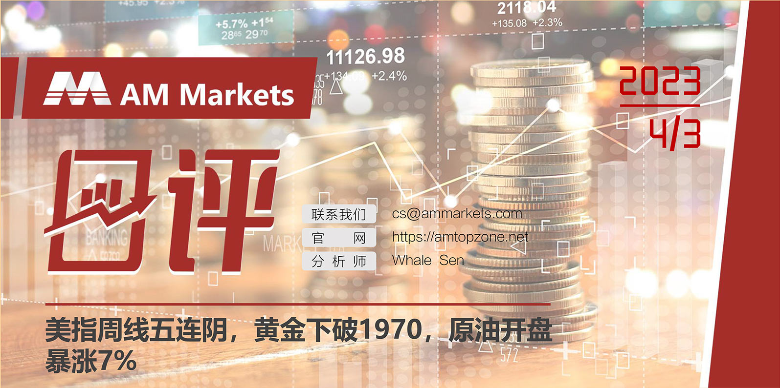 4.3AMMARKETS分析报告（美指周线五连阴，黄金下破1970，原油开盘暴涨7%）_01.jpg