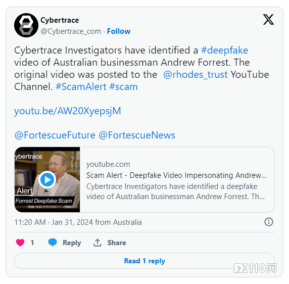 澳大利亚亿万富翁Andrew Forrest的深度虚假视频宣传加密货币骗局