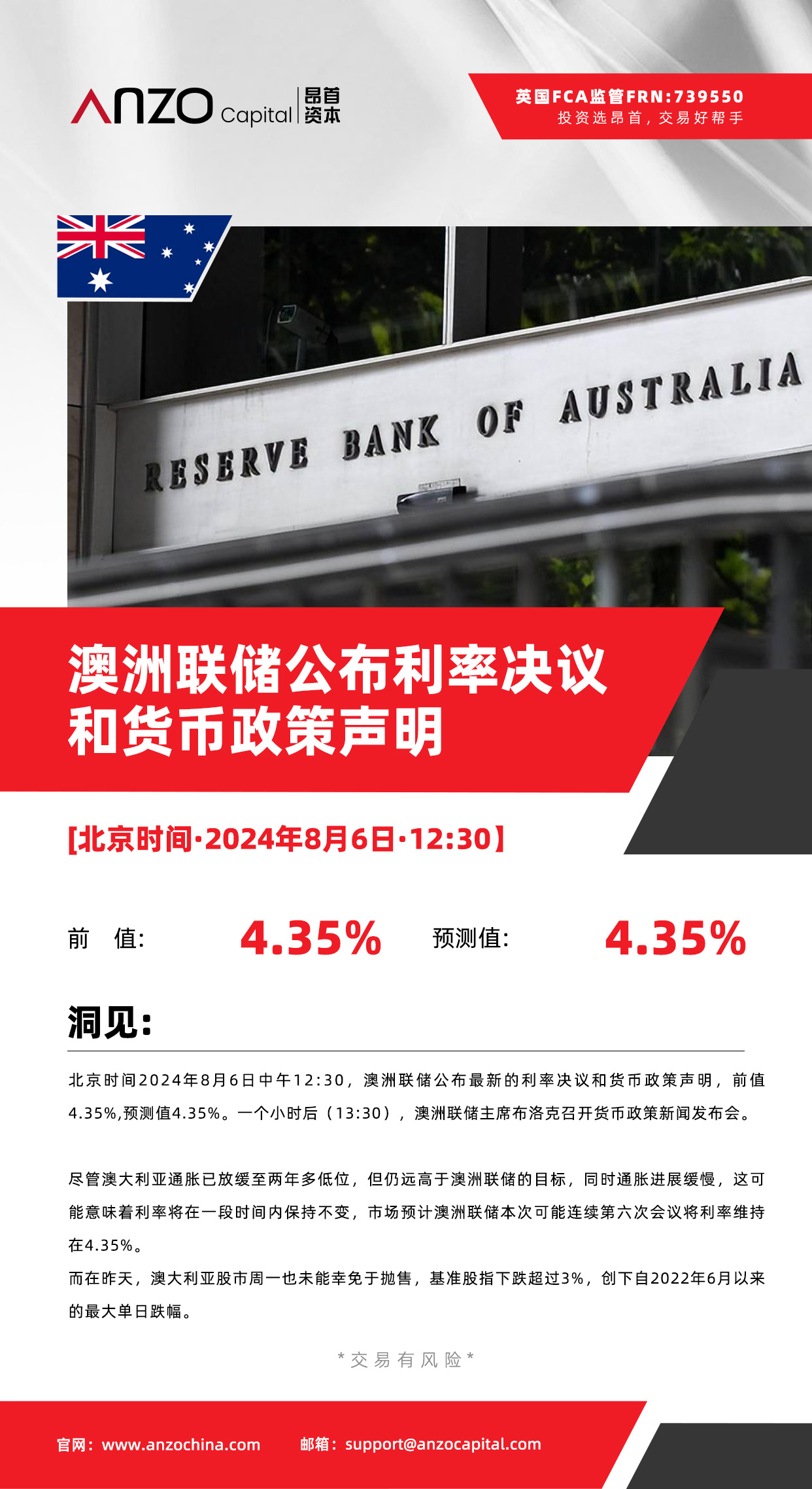 北京时间·2024年8月6日·12:30] 澳洲联储公布利率决议和货币政策声明_交易商汇评