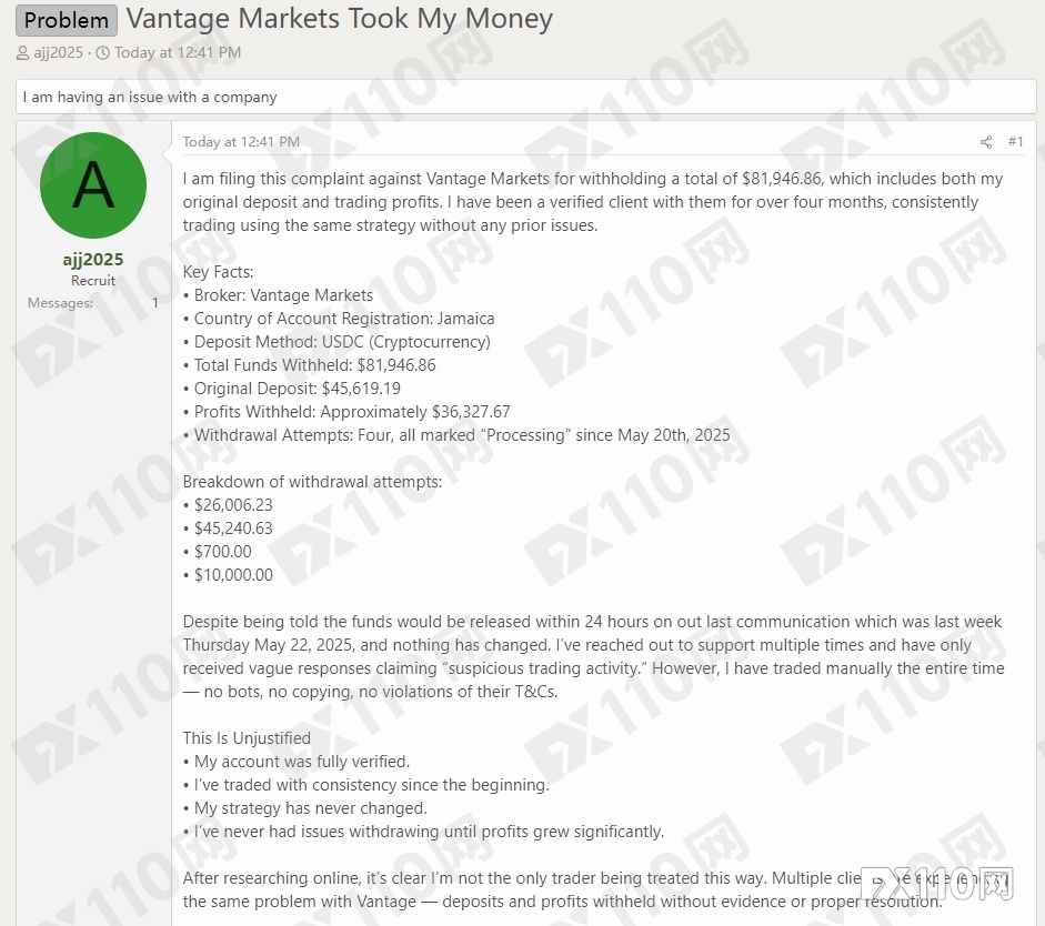 Vantage Markets接连遭投诉！用户账户及本金遭遇不同方式的“攻击”