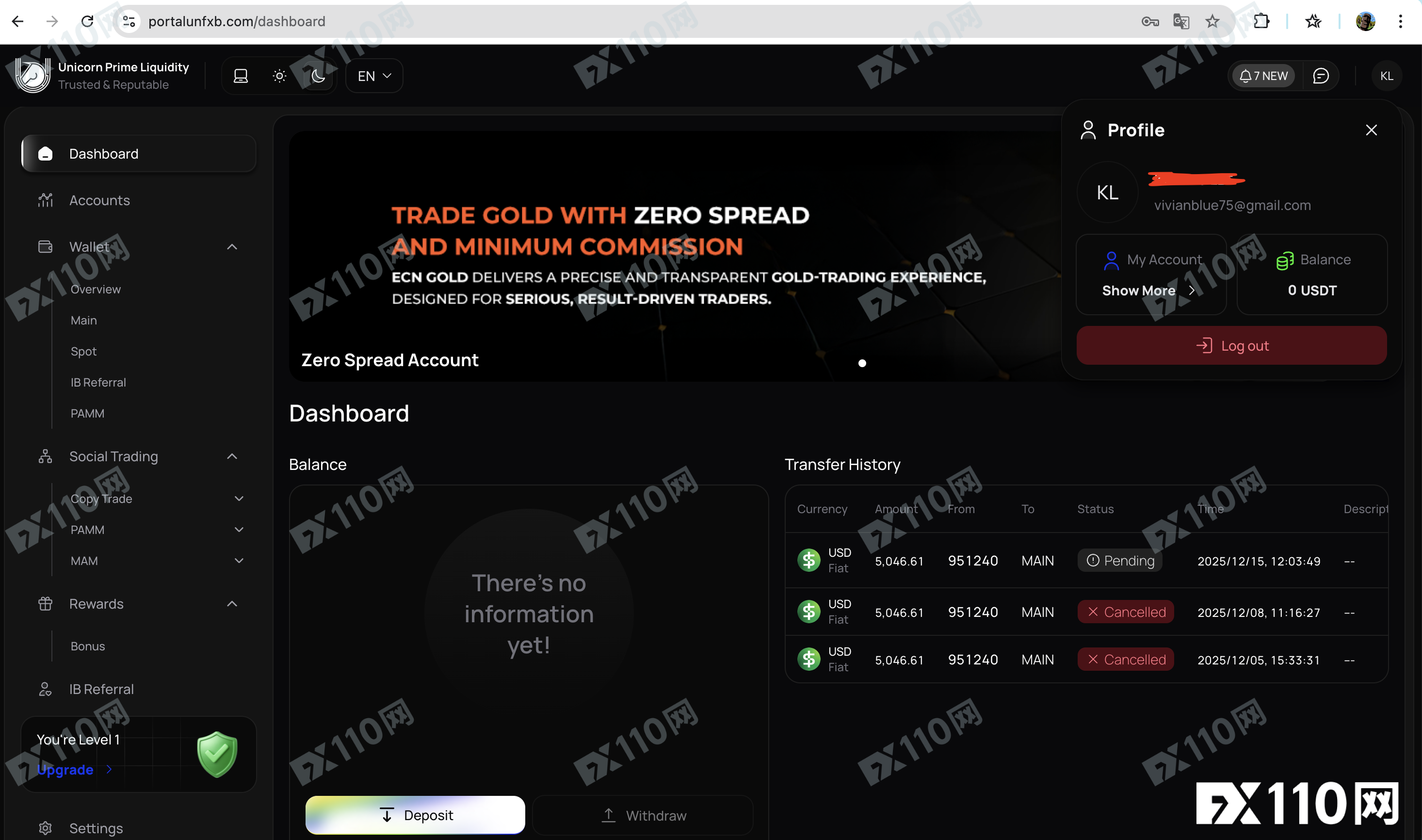UNFXB黑平台曝光：账上盈利46美元，5000美元本金没了